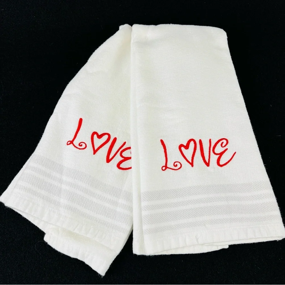 NWOT Truly Love Kitchen Hand Towels Embroidered White Red Gray Valentine’s Day